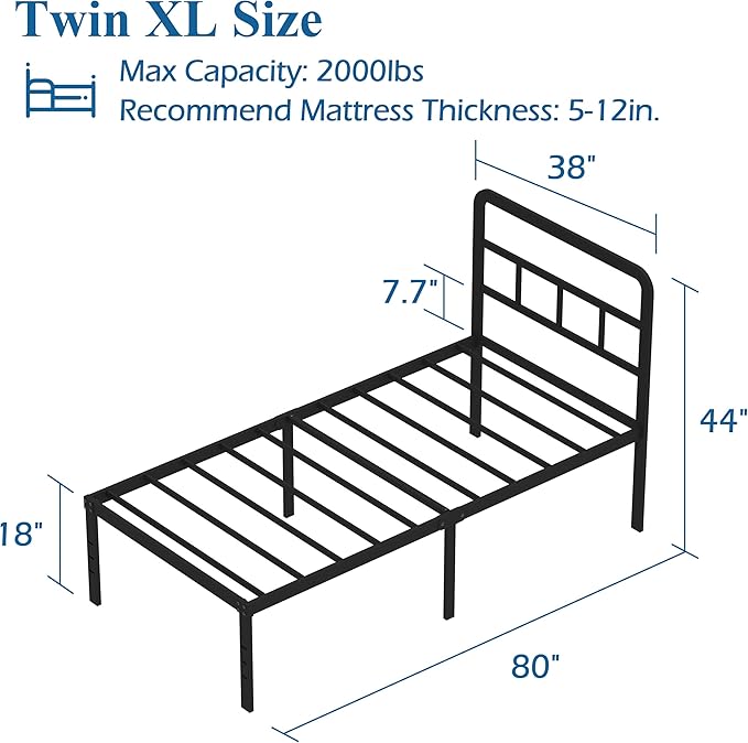 DiaOutro 18 Inch Twin XL Bed Frame with Headboard No Box Spring Needed Metal Platform Heavy Duty Steel Slat Mattress Foundation/Easy Assembly/Noise Free/Black