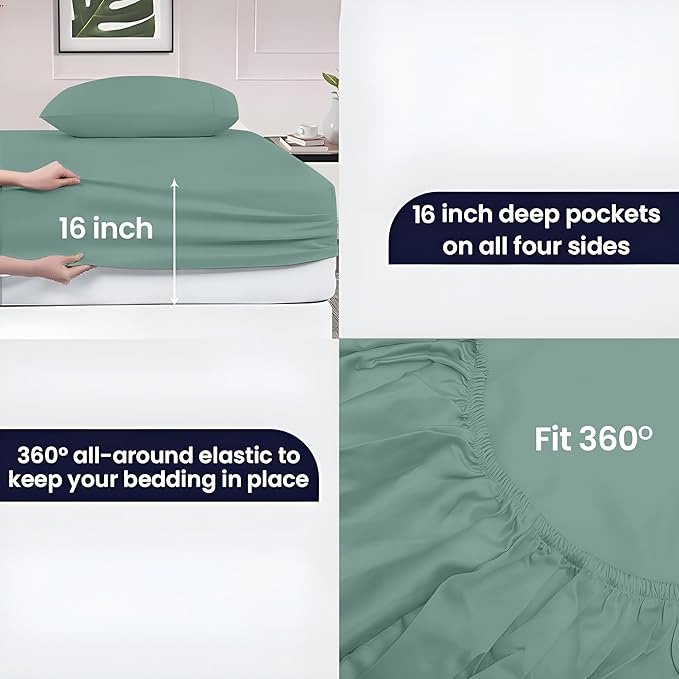 SGI Split King Sheet Set for Adjustable Bed Egyptian Premium Cotton 600 Thread Count Sheets for Sleep Number Bed 15" Deep Pocket 5 Pc Set with 2 Twin XL Fitted Sheets Soft Breathable -Aqua Green