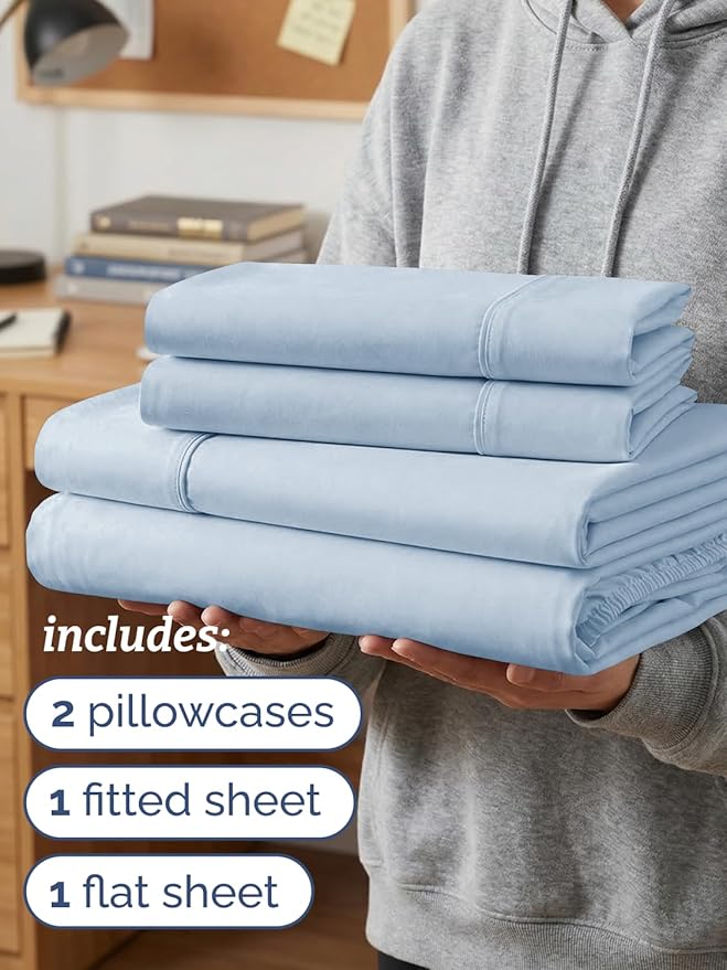 Twin XL 4 Piece Sheet Set - Comfy Breathable & Cooling - Hotel Luxury Bedding for Women, Men, Kids, Teens & Children - 1 Flat & 1 Fitted Sheet & 2 Pillowcases w/ Deep Pockets - Wrinkle Free - Sky Blue