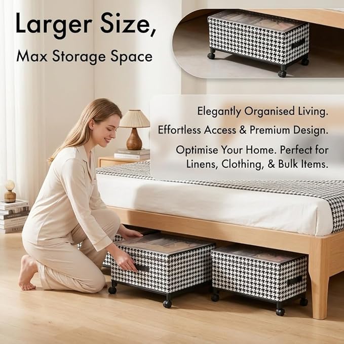 Under Bed Storage with Wheels, 65L Adjustable Underbed Bins 30.3×11.4×11.8" for Clothes Shoes Blankets (black - Transparent Cover)