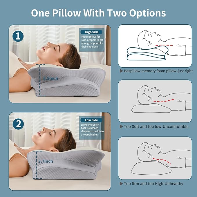 Cervical Neck Pillow - Ergonomic Side Sleeper Pillow for Pain Relief, Contour Cervical Pillow for Sleeping, Memory Foam Pillows for Neck Support, Orthopedic Bed Pillow for Back Stomach Sleepers