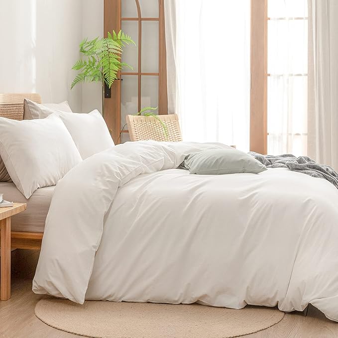 BESTOUCH Duvet Cover Set 100% Washed Cotton Linen Feel Super Soft Comfortable Chic Lightweight 3 PCs Home Bedding Set Solid Off White Super Queen