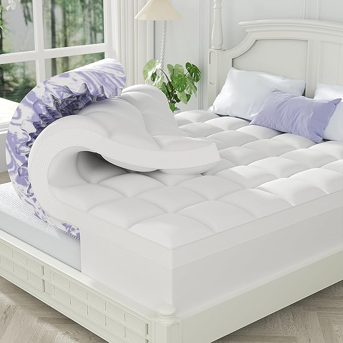 ChiXpace Dual Layer 5 Inch Memory Foam Mattress Topper Full - 3 Inch Pillow Top Mattress Pad and 2 Inch Gel Memory Foam, 7-Zone Egg Crate Full Size Mattress Topper (Cream)