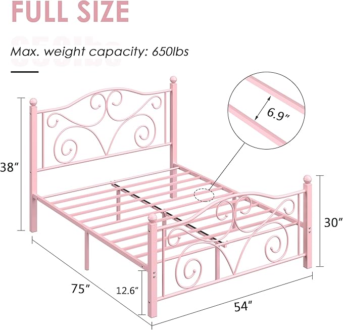 VECELO Full Size Bed Frame with Headboard and Footboard, Heavy Duty Metal Slat Support, Platform Mattress Foundation, No Box Spring Needed, Easy Assembly, Light&Pink