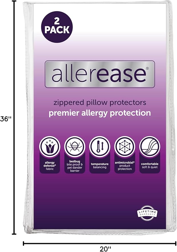 Set of 2 King AllerEase Pillow Protectors - Temperature Balancing, Allergist Recommended - Premium Breathable, Zippered Protectors