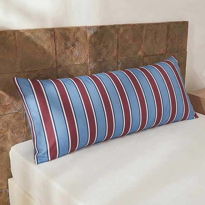 Merryword Striped Body Pillow Cover 20x54inches, 100% Cotton Long Pillowcase, Burgundy and Blue Striped Pillowcase, Soft Breathable Stripe Pillowcase, 1-Piece