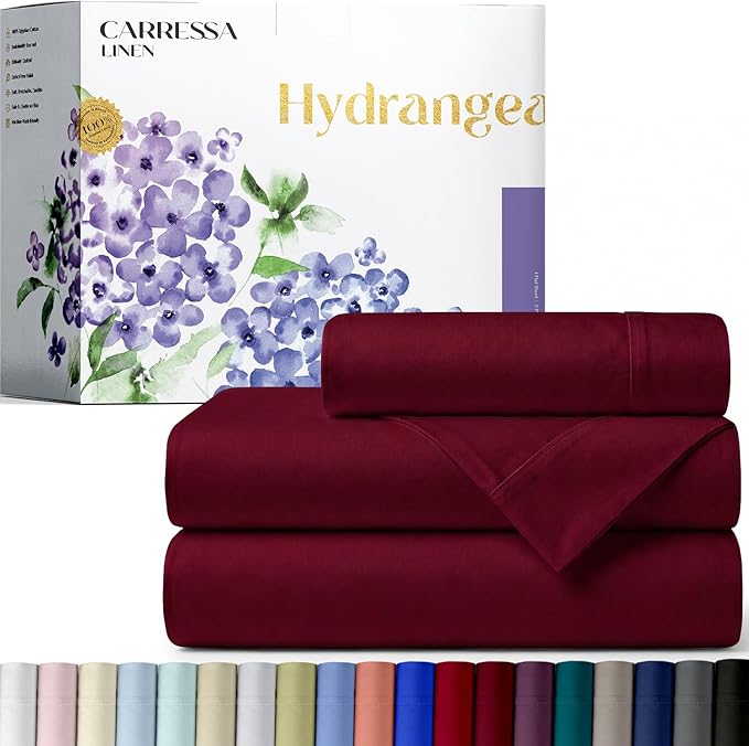 Carressa Linen 100% Egyptian Cotton Twin Sheets Set - 600 Series Hydrangeas Collection Egyptian Cotton Luxury Twin Sheets (3 PC, Burgundy), 16" Deep Pocket, Soft, Cooling, Sateen Weave Bedding