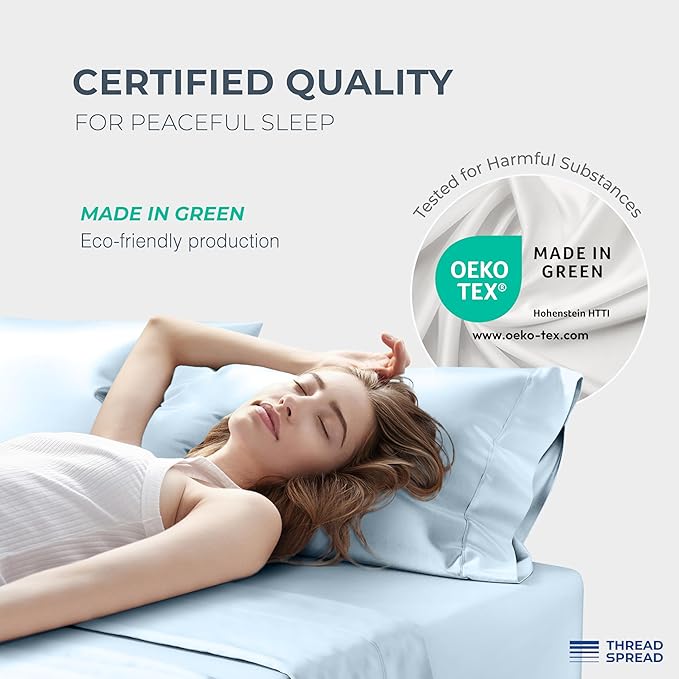 THREAD SPREAD 100% Egyptian Cotton Sheets Queen Size - Luxury 1500 Series Queen Sheet Set Egyptian Cotton (4 PC, Light Blue), Silky Soft, Sateen Weave, Cooling & Breathable, 17" Deep Pocket Bed Set