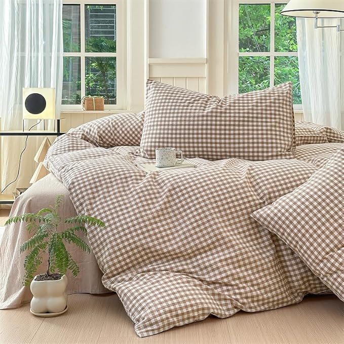 Nayoroom Brown Gingham Duvet Cover Queen Size Tan White Plaid Checkered Duvet Cover Grid Dorm Bedding Set 3 Pieces Soft Lightweight Washed Microfiber Farmhouse Bedding with Pillowcases