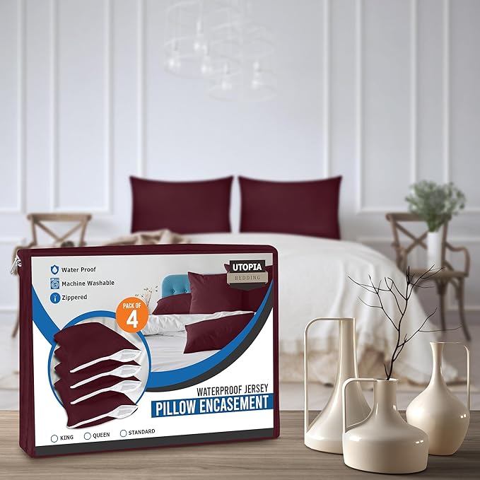 Utopia Bedding Premium 100% Waterproof Pillow Protectors with Zipper Queen Size (Set of 4), Bed Bug and Dust Mite Proof Zippered Pillow Covers, Pillow Encasement Cases, Burgundy