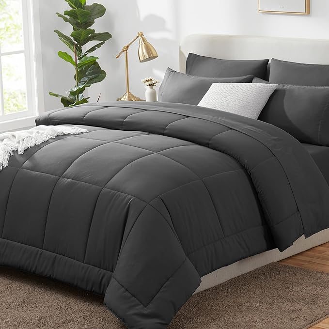 CozyLux California King Comforter Sets Dark Grey, 7 Pieces Cal King Bed in a Bag, All Season Bedding Sets with Stitch Quilted Comforter, Flat Sheet, Fitted Sheet, Pillowcases