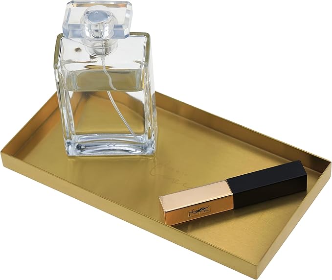Freelove Sanding Gold Metal Vanity Tray Lettering, Perfume Organizer Jewelry Holder Makeup Dish Catchall Candle Plate Decorative for Dresser Counter Bathroom Desk Home Preppy Room Decor, 4''X8''