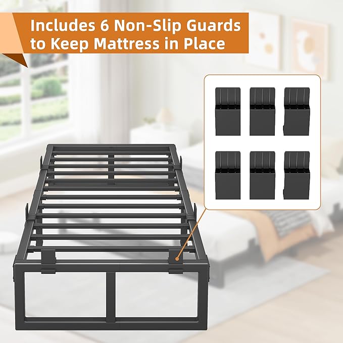 Twin XL Bed Frame, 18 Inch Metal Platform Bed Frames with Squeak Free U-Slot Design, 6 Non-Slip Guards, 3500lbs Heavy Duty Steel Slat Support, No Box Spring Needed, Under Bed Storage, Black