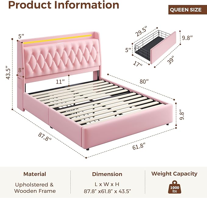 Queen LED Velvet Bed Frame with 2 Storage Drawers&Hidden Headboard, Upholstered Platform Bed with Charging Station&Button Tufted Design, Wooden Slats Support, Box Spring Optional, Easy Assembly, Pink