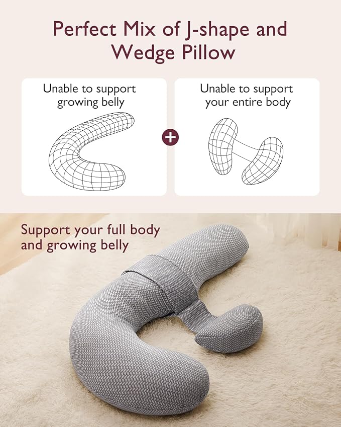 Momcozy Pregnancy Pillow,Original F Shaped Maternity Pillow for Pregnant Women with Adjustable Wedge Pillow, Full Body Support Pregnancy Pillows for Side Sleeping with Velvet Cover, Light Grey