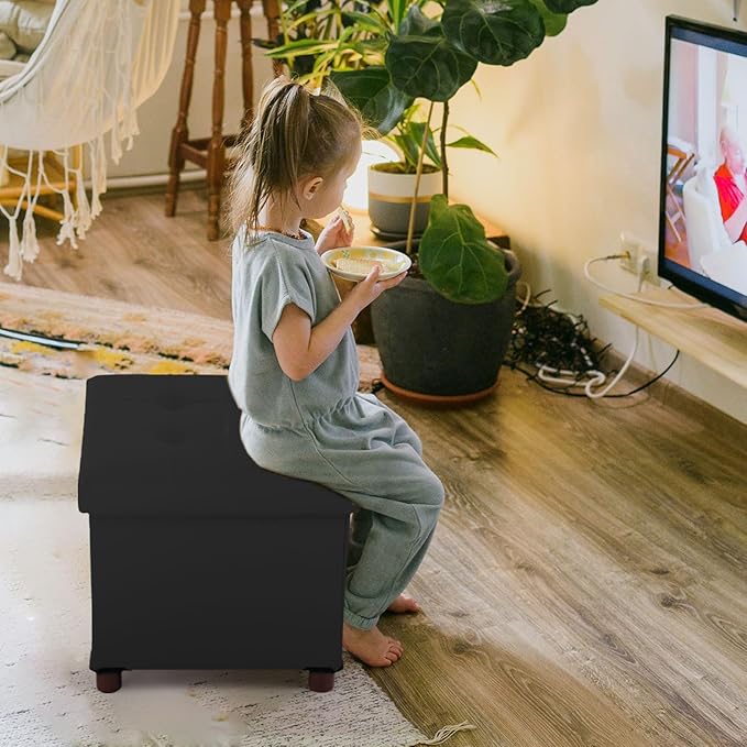 Dorriss Storage Ottoman for Living Room，Square Ottoman with Tray Bedroom Cube Foot Rest Stool with Legs Ottomans Coffee Table Lid Foldable Footstool Faxu Leather 15" Inch(Black)