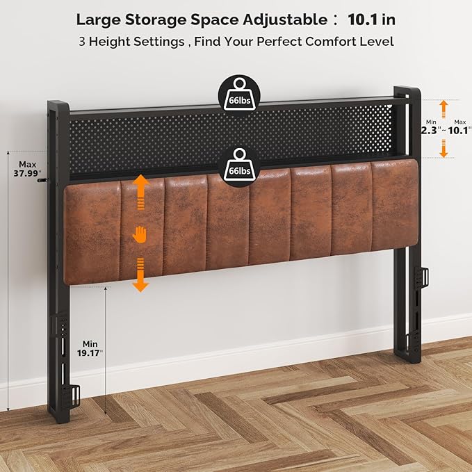 VINGLI Queen Size Headboard Industrial Brown, Head Boards for Bed with Storage, Upholstered, Chargers and Lights, 2 Tier Shelves and Pegboard,Height Adjustable, Retro Style