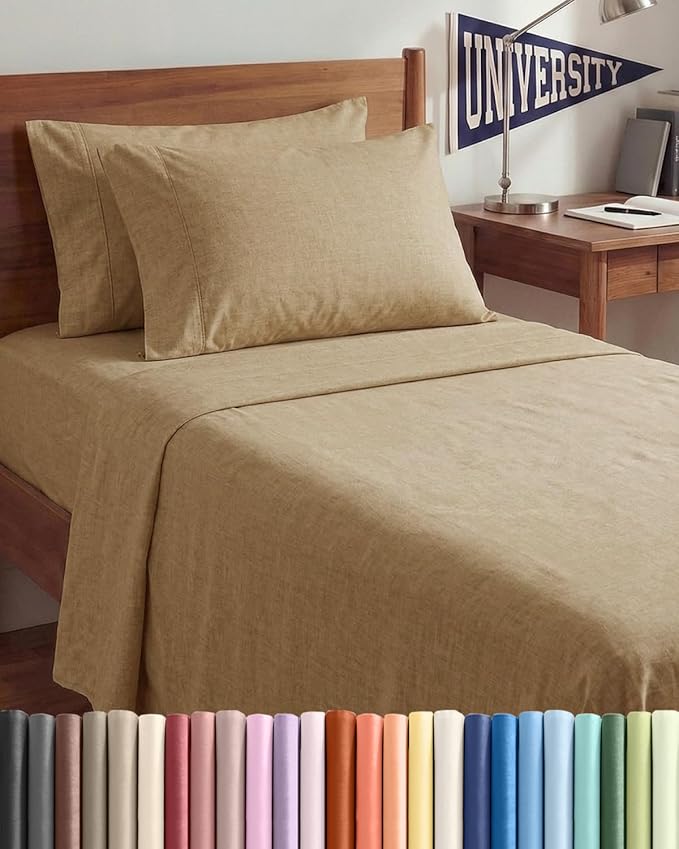 Twin XL 4 Piece Sheet Set - Comfy, Breathable & Cooling - Soft Hotel Luxury Bedding for Women, Men, Kids, Teens and Children - 1 Flat & 1 Fitted Sheet & 2 Pillowcases with Deep Pockets - Heathered Tan