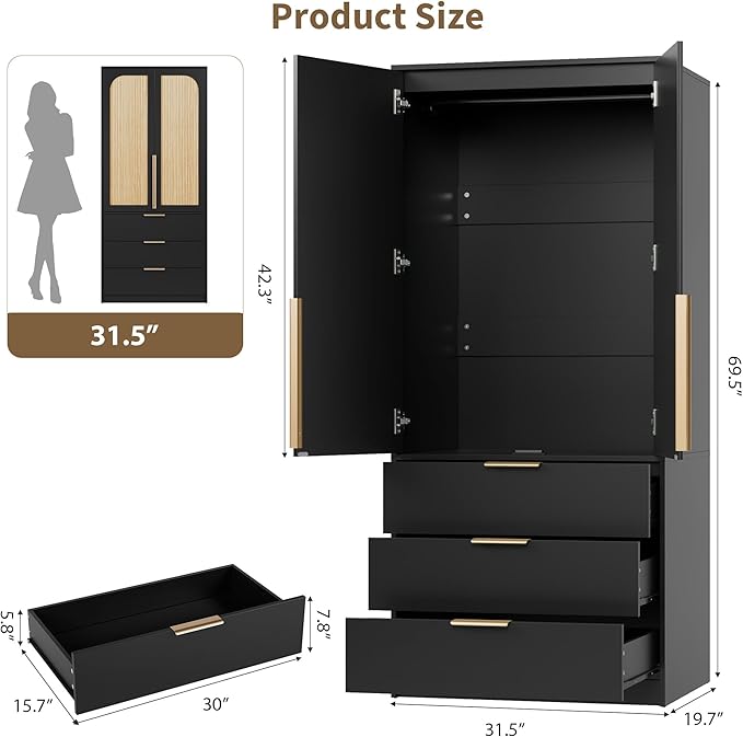 GarveeHome Armoire Wardrobe Closet, 69.5 in Wooden Wardrobe Cabinet with 3 Drawers, Hanging Rod, 2 Doors Clothing Storage Cabinet for Bedroom, Large Capacity Storage, Rattan Door, Black