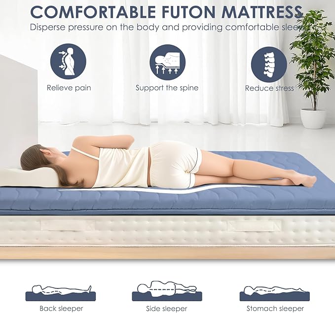 Japanese Floor Mattress, 100% High Density Comfortable Foam, 4" Thicken Foldable Mattress Tatami Mat Sleeping Pad, Ideal for Comfort and Support, Kids Floor Lounger Pillow Bed Sofa, Blue, Twin