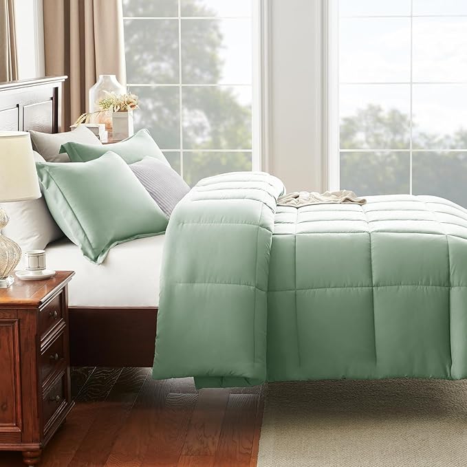 CozyLux Queen Comforter Set - 270GSM Sage Green Bedding Sets for All Seasons, 3 Pieces Box Stitched Bed Set with 1 Down Alternative Comforter and 2 Pillow Shams, Soft, Lightweight, Breathable