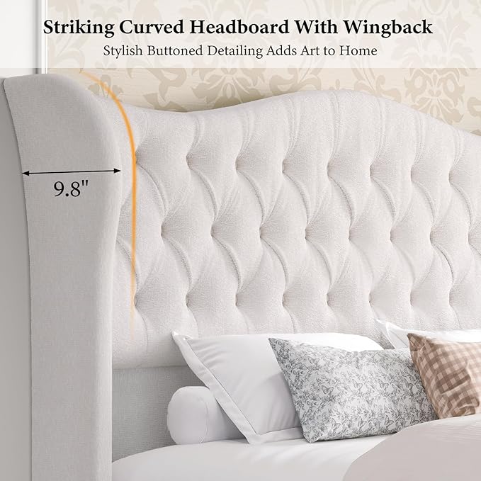 koorlian Queen Bed Frame,Chenille Upholstered Sleigh Bed with Scroll Wingback Headboard & Footboard,Luxury & Soft Button Tufted Queen Size Modern Bed,Easy Assembly,No Box Spring Needed
