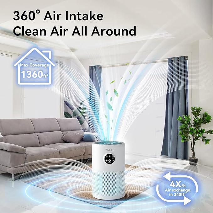Air Purifiers for Home Up to 1360 Ft², Tailulu HEPA Air Purifiers for Bedroom Large Room with Washable Filter for Pet Dander Smoke Odor Dust Pollen with Timer Fragrance Sponge Sleep Mode