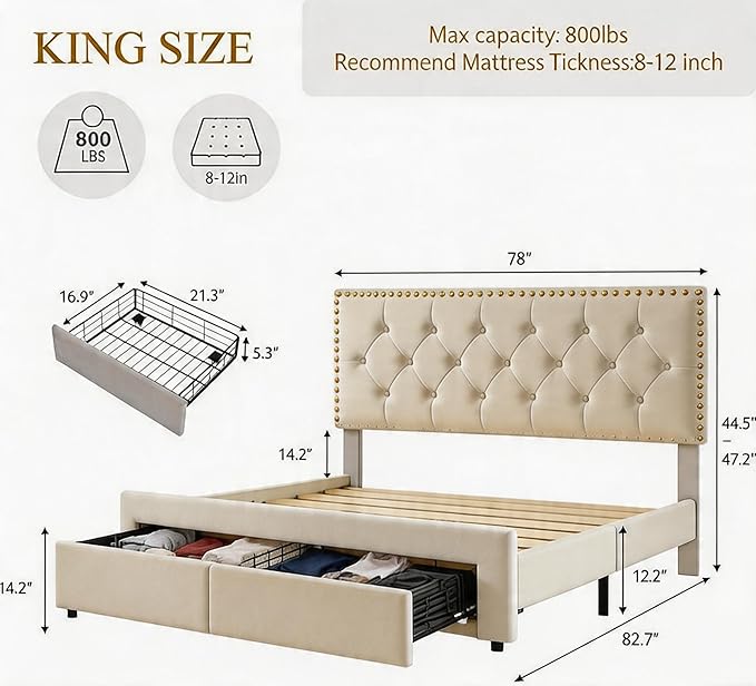 Garvee King Size Bed Frame with 2 Storage Drawers, Vintage Velvet Headboard Bedframe with upholstered Platform, Wooden Slat Support, Noise Free, No Box Spring Needed, Beige