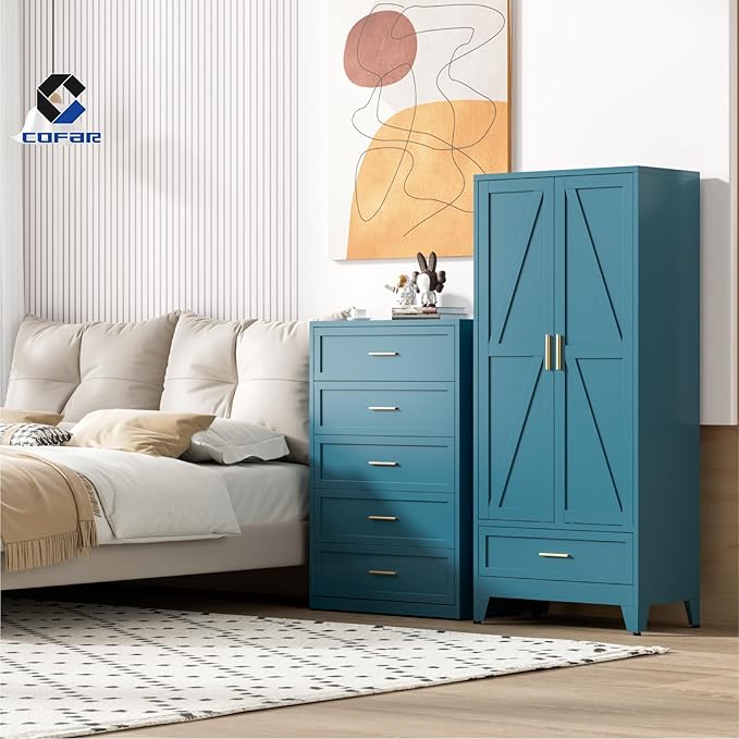 COFaR Metal Wardrobe Closet with Doors, 71'' Tall Farmhouse Bedroom Armoires with Drawer and Hanging Rod, Freestanding Steel Wardrobe Cabinet Coat Closet for Bedroom, Peacock Blue