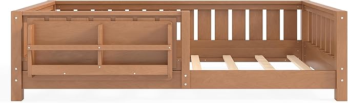 Bellemave Twin Size Kids Montessori Bed with Bookshelf,Solid Wood Twin Floor Bed Frame with Fence and Slats for Girls Boys,Low-Profile,Dark Natural