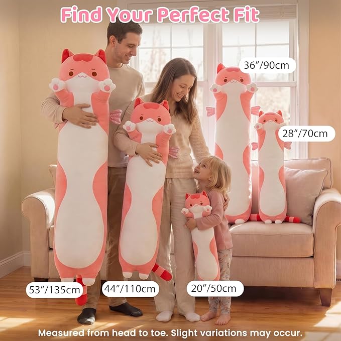 Mewaii Long Cat Plush 5 Sizes, 120% Extra Filling Giant Plushness Kids Body Pillow, Kawaii Cute Pink Cat Stuffed Animals Plushies, Big Long Body Pillow Cat Plush Gift for Girls 44”