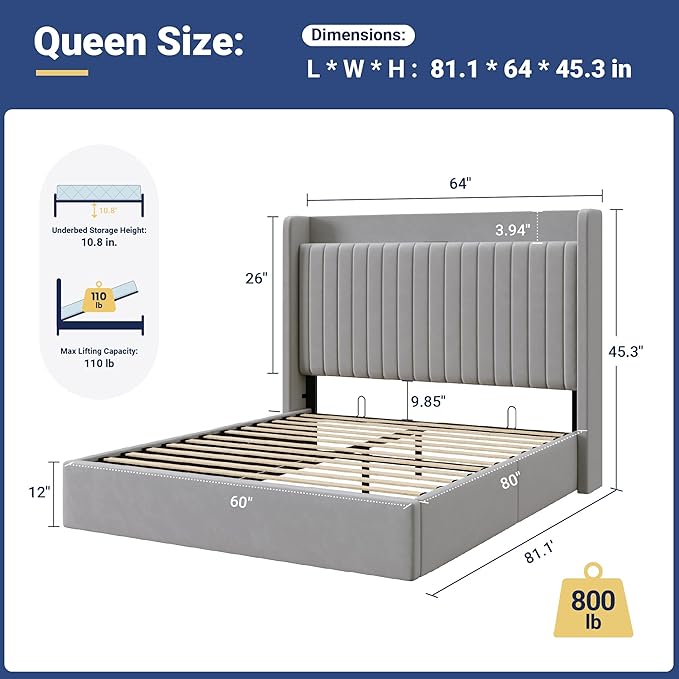 Allewie Queen Size Lift Up Storage Bed Frame,Storage Shelf Headboard with Charging Station,Type-C and USB Ports,Hydraulic Support,Velvet Upholstered Bed Frame,No Box Spring Needed,Grey