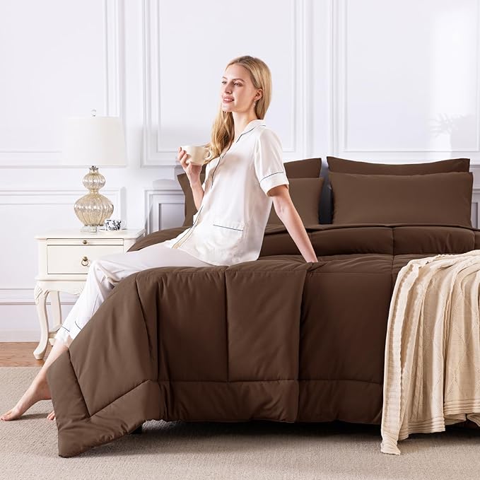 CozyLux Twin XL Comforter Set Brown, 5 Pieces Twin Extra Long Bed in a Bag for College Dorm, All Season Bedding Set with Stitch Quilted Comforter, Flat Sheet, Fitted Sheet, Pillowcases