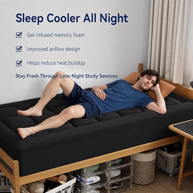 ELEMUSE 3 Inch Dual Layer Memory Foam Mattress Topper Twin XL, Dorm Room 2 Inch Cooling Gel Memory Foam Plus 1 Inch Down Alternative Pillowtop Mattress Pad,College Essential, Comfort Support, Black