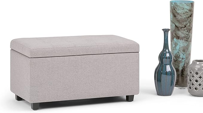 SIMPLIHOME Cosmopolitan Storage Ottoman - 34 inch Wide Upholstered Linen Look Fabric Rectangle Storage Ottoman Bench in Cloud Grey, Transitional Tufted Ottoman for Living Room with Lift-Up Lid