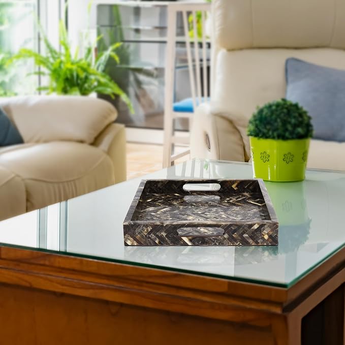 Handicrafts Home 12"x12" Decorative Tray, Resin Inlay Ottoman Coffee Table Tray with Handles, Square Serving Tray for Breakfast, Vanity, Centerpiece Decor for Living Room Dining