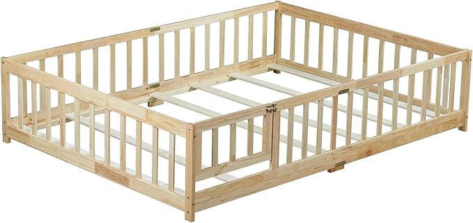 Bellemave Full Size Floor Bed with Slats and Safety Guardrail, Full Size Montessori Floor Bed with Fence and Door, Easy Assemble Montessori Beds for Kids, Girls, Boys, Natural