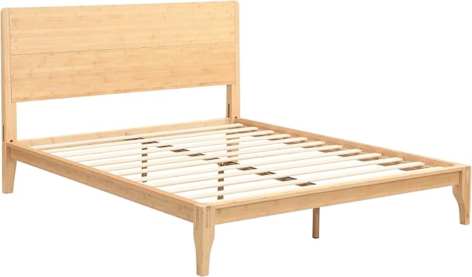 12 Inch Bamboo Queen Bed Frame, Platform Bed Frame with Headboard, Mid-Century Modern Bed Frames Wood Foundation Beds with Slats Metal Support, No Box Spring Needed, Easy Assembly, Natural