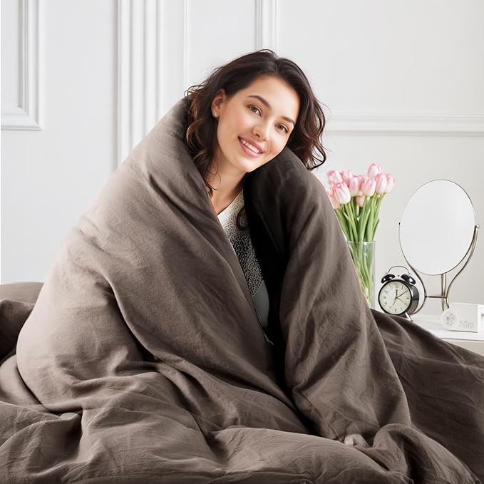 NEXHOME PRO 100% Washed Cotton Duvet Cover Full Size, Ogranic Natural Linen Feel Breathable Bedding Set with Zipper Closure, 3 Pieces Duvet Cover Set Chocolate (No Comfortert) 8090