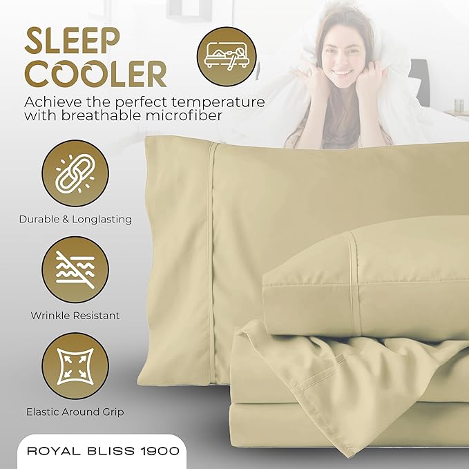 Top Split Flex Head California King Size Sheet Set - Egyptian Quality Ultra-Soft Bed Sheets - Double Brushed - Deep Pockets- Easy Fit - 4 Piece Set- Fade Resistant - Cream