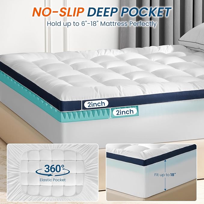 4 Inch Memory Foam Dual-Layer Mattress Topper Queen Size - 2Inch 1000GSM Quilted Pillow Top with Down-Alternative + 2Inch 5-Zone Egg Crate Memory Foam (Full, 54"x75")