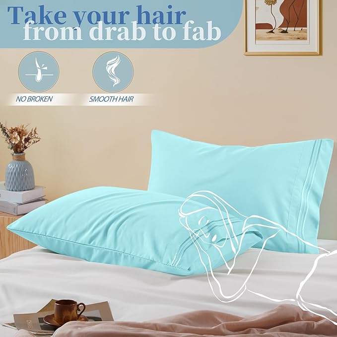Vonty 2 Pack Standard Pillow Cases - 20x26 Inch, 1800 Thread Count Microfiber Pillowcases Standard Size Aqua Blue Pillow Cases Luxury & Soft Embroidered Bed Pillow Covers with Envelope Closure