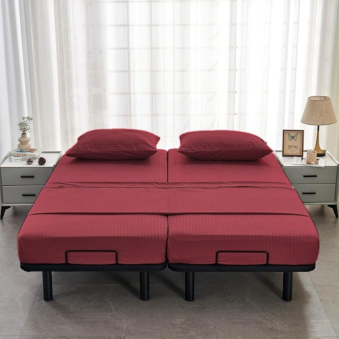 Kingnex Striped Split California King Sheets Sets for Adjustable Bed with Deep Pocket 5 Pieces Include 2 Cali Twin XL Fitted Sheets 1 Flat Sheet 2 King Size Pillowcases Burgundy