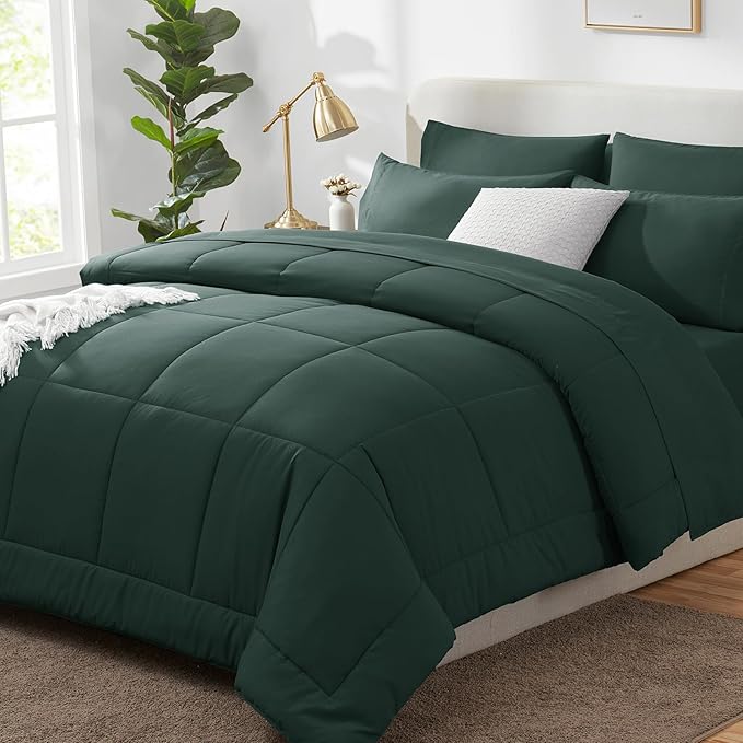 CozyLux Oversized Queen Comforter Sets Forest Green, 7 Pieces Bed in a Bag, Ultra-Soft All Season Bedding Sets with Stitch Quilted Comforter, Flat Sheet, Fitted Sheet, Pillowcases