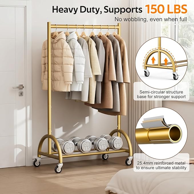 MISSLO Heavy Duty Clothing Rack with Wheels Rolling Clothes Racks for Hanging Clothes, Coats, Garment, Dress, Gold, 30" W