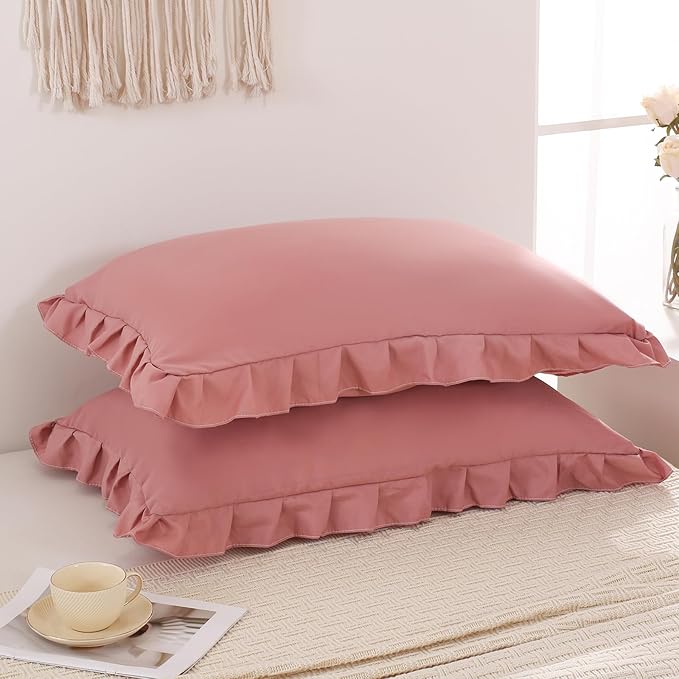 Merryword Pink Mocha Pillowcases King Pillowcases Ruffled Pillow Shams Set of 2 Cute Pillowcases Solid Ruffled Fringe Design Pink Shabby Chic Pillowcases 2 Pack (King (20''x36''), Pink Mocha)