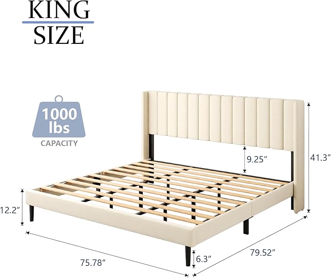 Gruwans King Size Bed Frame with Wingback Headboard, Upholstered Platform Bed, No Box Spring Needed, Sturdy Wooden Slat Support, Easy Assembly, Cream