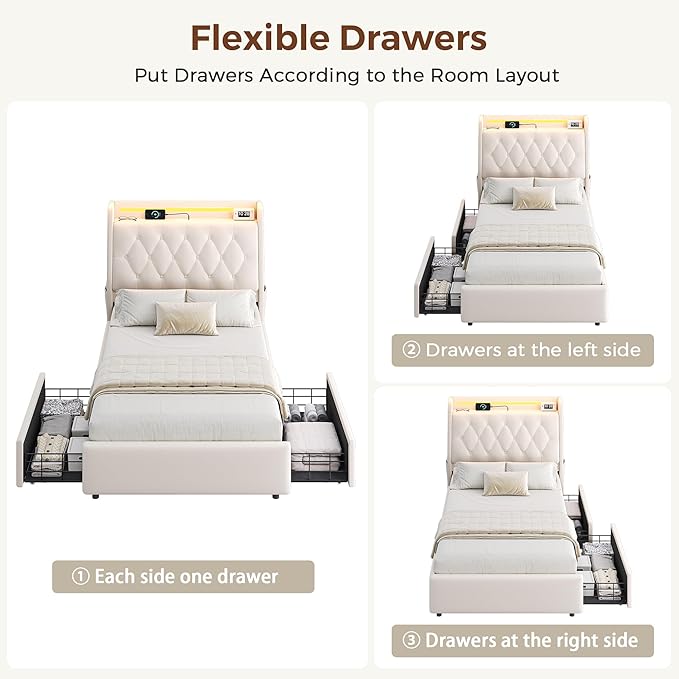 Twin LED Velvet Bed Frame with 2 Storage Drawers&Hidden Headboard, Upholstered Platform Bed with Charging Station&Button Tufted Design, Wooden Slats Support, Box Spring Optional, Easy Assembly, Beige