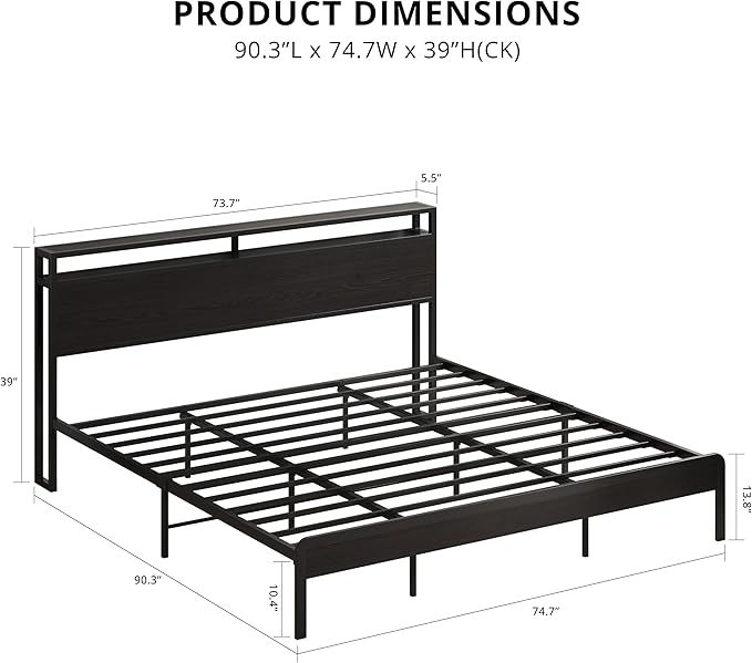 LIKIMIO California King Bed Frame with Headboard, Dark Wood Camas California King with Strong Supports, Sturdy, Noise-Free, No Box Spring Needed, Classic Black