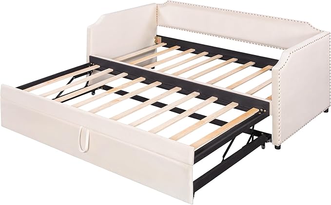 Merax Velvet Upholstered Daybed with Pop Up Trundle Twin to King Desigin, Twin Size Extendable Sofa Bed, Easy Assembly,No Box Spring Needed, Beige